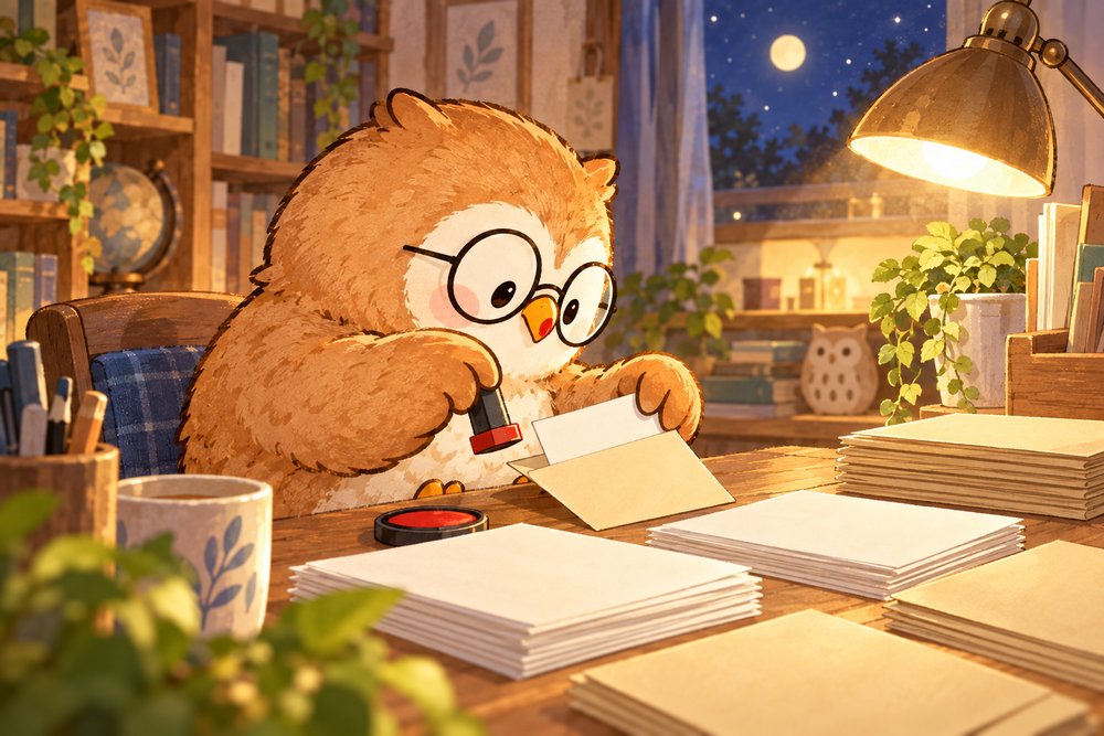 寄付ごとの申請書を封筒に入れるフクロウのナビ助
