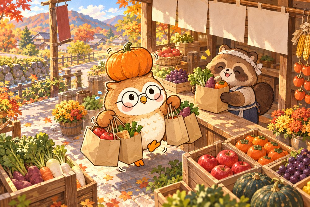 寄付先の町の直売所で野菜を受けとるフクロウのナビ助