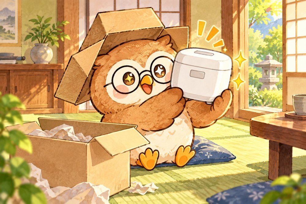 返礼品の新しい炊飯器を箱から出して大よろこびするフクロウのナビ助