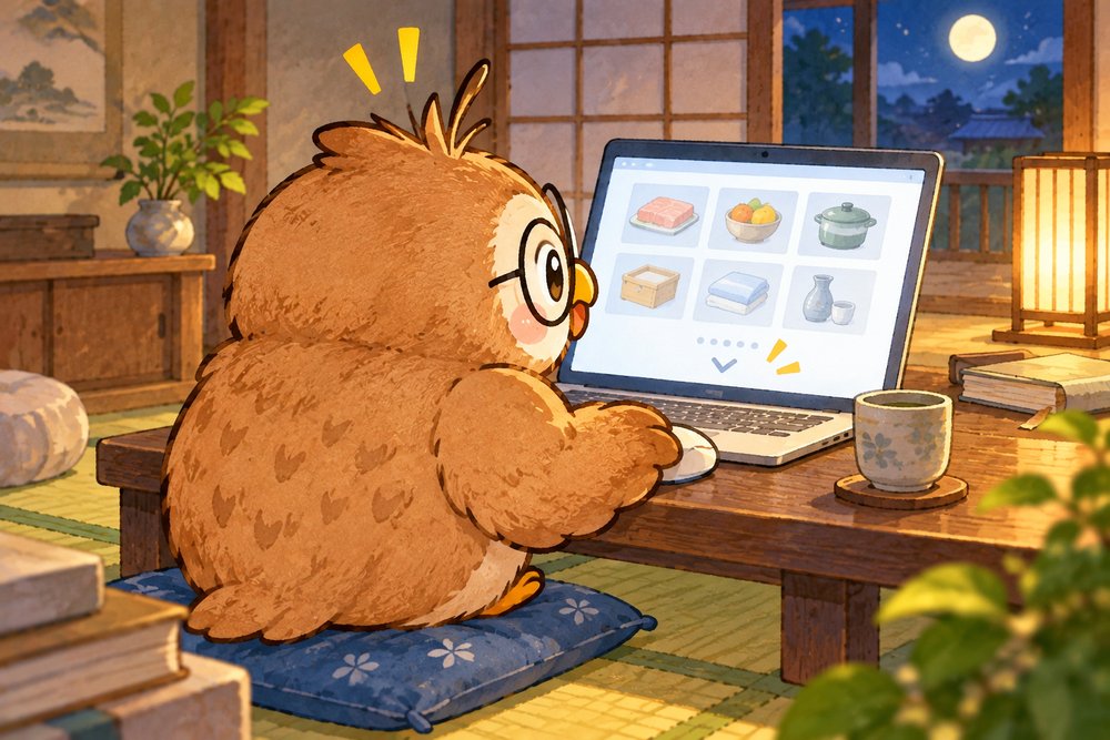 返礼品をさがしていたら一番下まで着いてびっくりするフクロウのナビ助