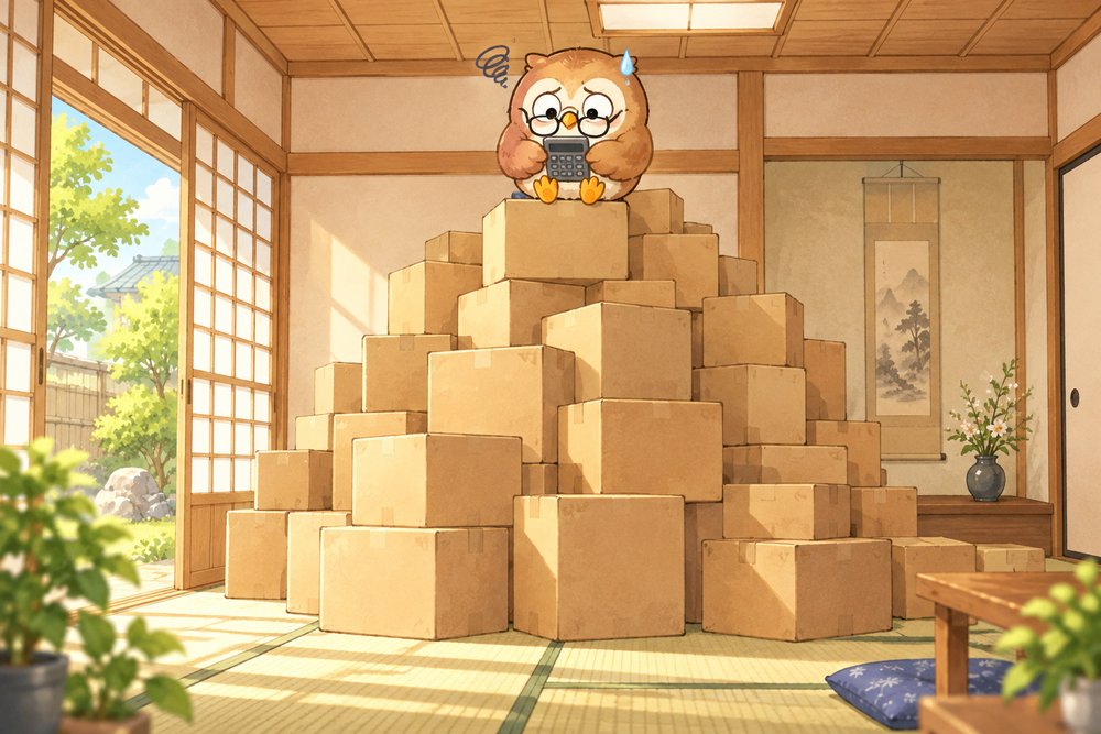 返礼品の箱の山の上で電卓を見てあせるフクロウのナビ助