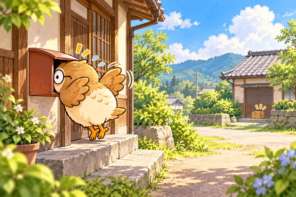 空っぽの郵便受けに頭がはまるフクロウのナビ助