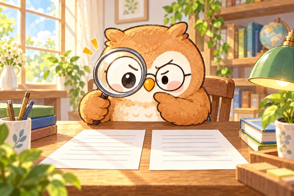 書類を虫めがねで照らし合わせるフクロウのナビ助