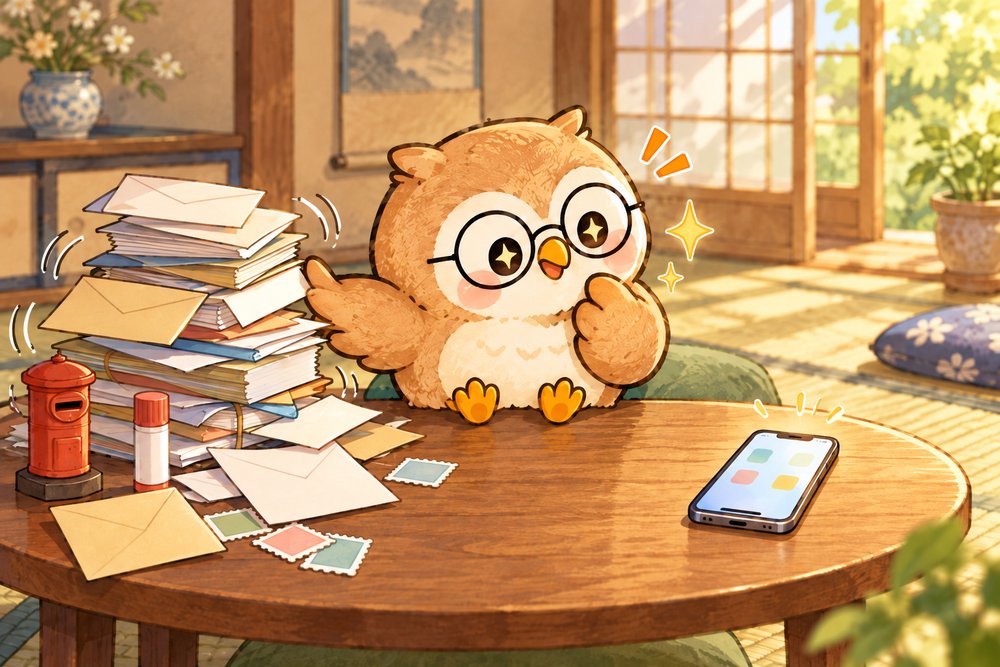 郵送の書類の山とスマホを見比べるナビ助
