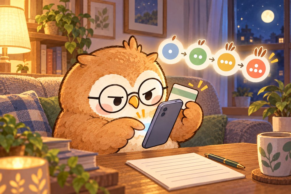 スマホでステップを進めてカードを読み取るナビ助