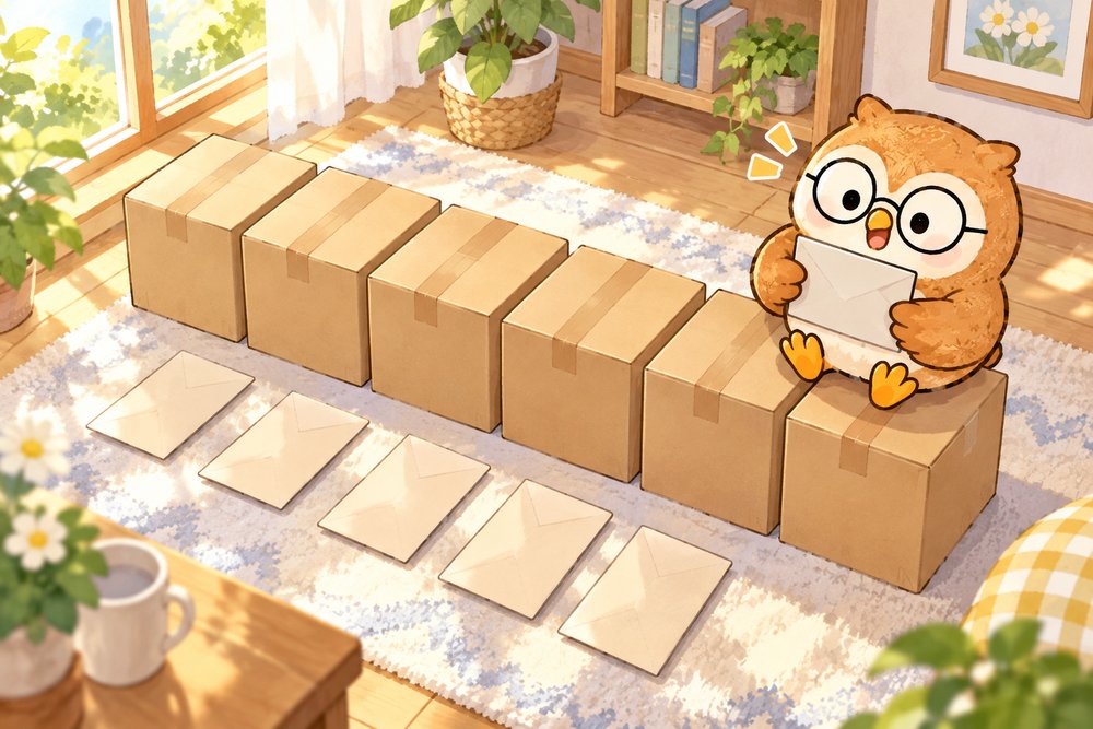 返礼品の箱と申請書を数えて上限超えに気づくフクロウのナビ助