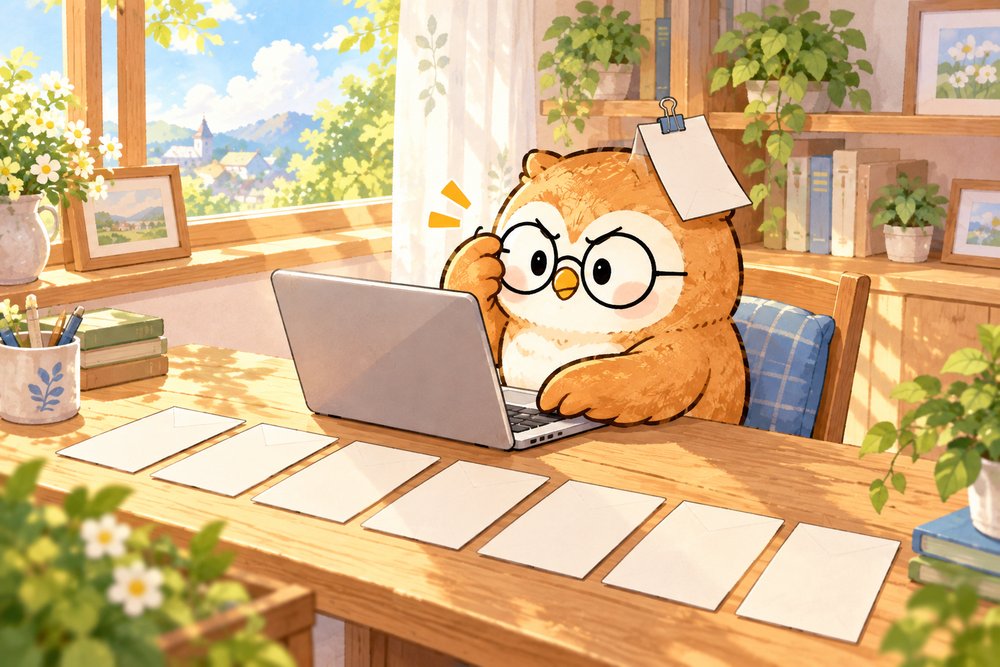頭に受領証明書をとめて確定申告するフクロウのナビ助