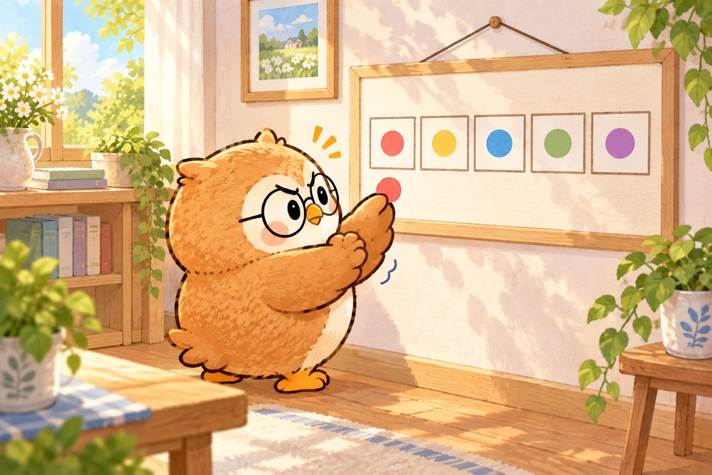 6つめのシールを貼るのをガマンするフクロウのナビ助