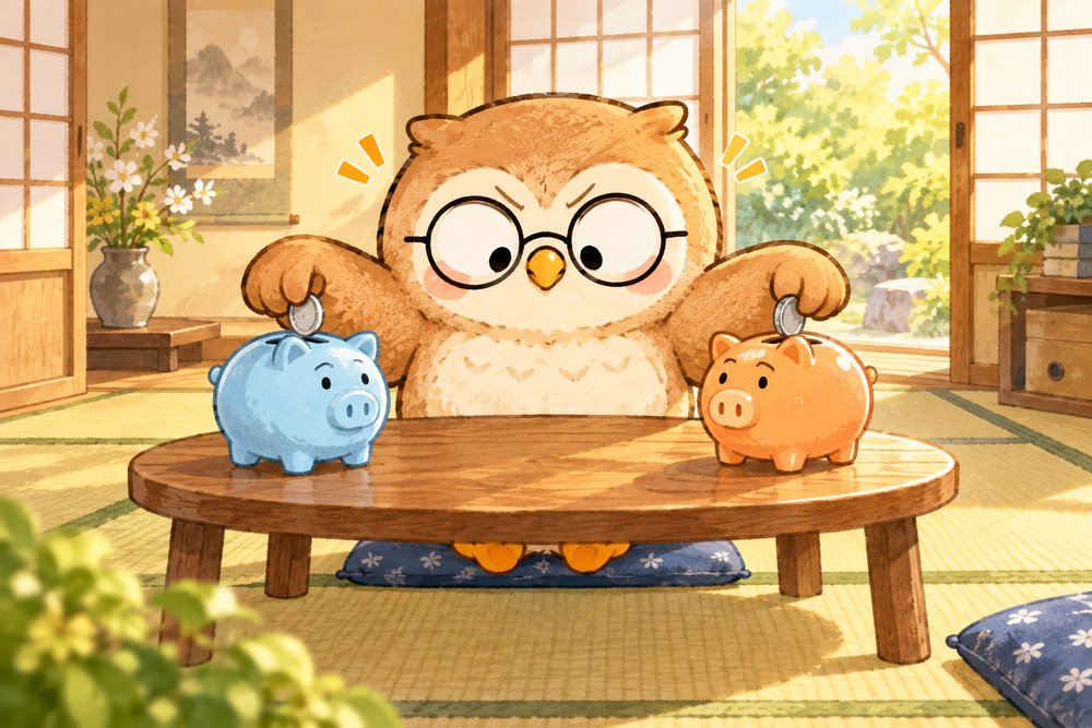 2つの貯金箱にコインを同時に入れるフクロウのナビ助