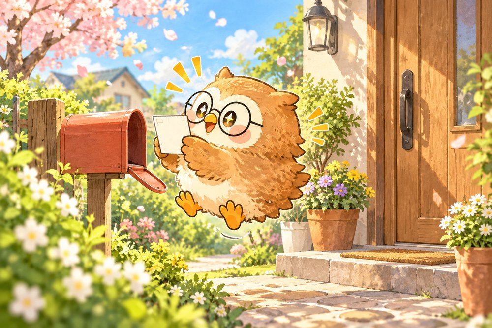 郵便受けのはがきを見て跳びはねるフクロウのナビ助