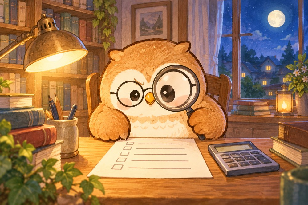 虫めがねで書類のチェック欄を確かめるフクロウのナビ助