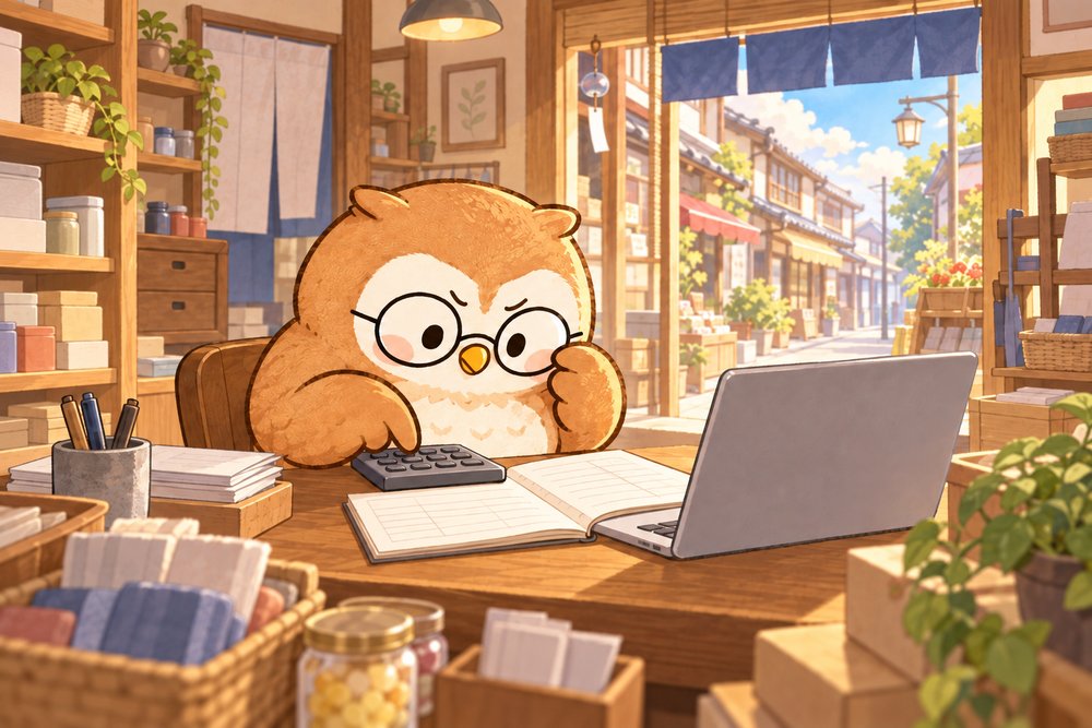 お店の奥で寄付の目安を計算するナビ助