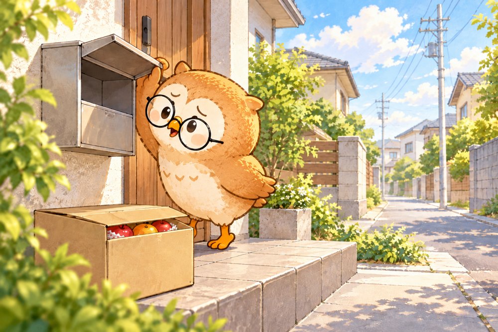 空っぽの郵便受けをのぞきこむナビ助
