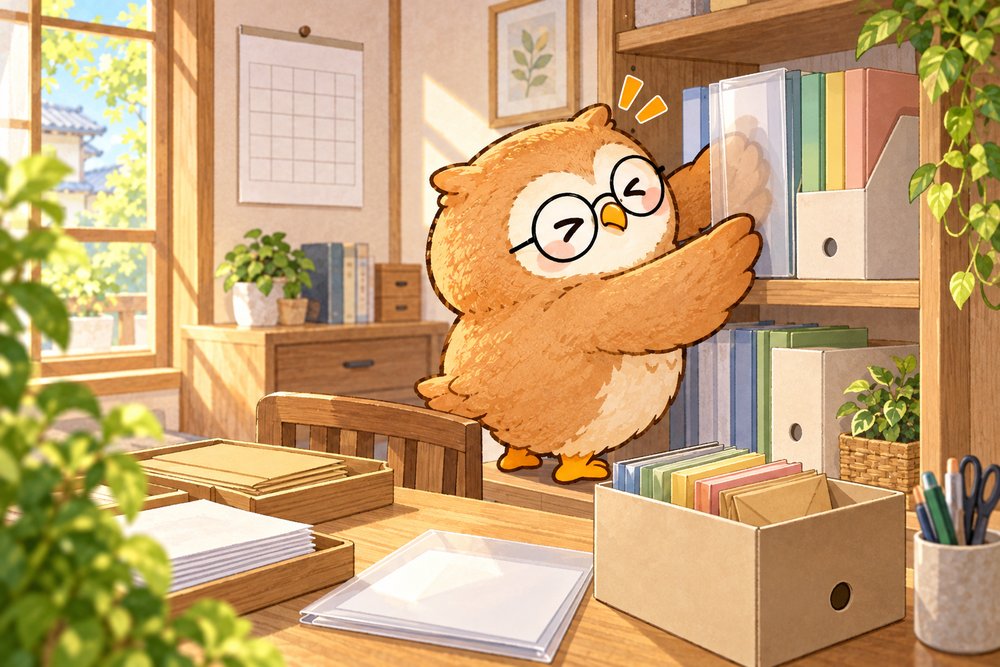 届いた書類をファイルに整理するナビ助