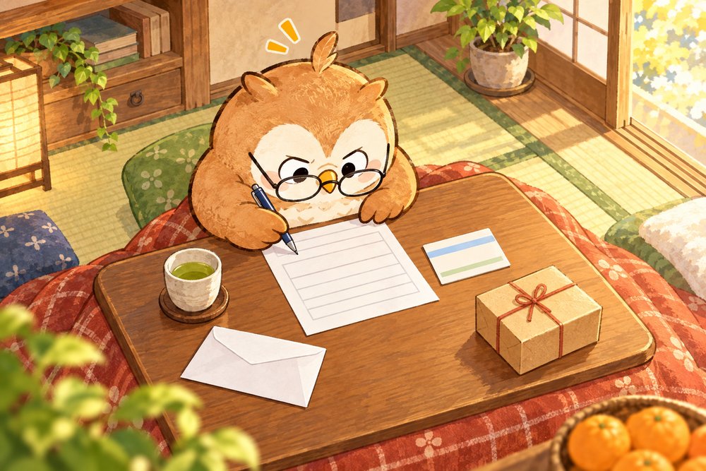 こたつでワンストップ特例の申請書を書くナビ助