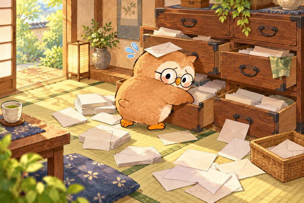 たんすの書類をひっくり返して探しものをするナビ助