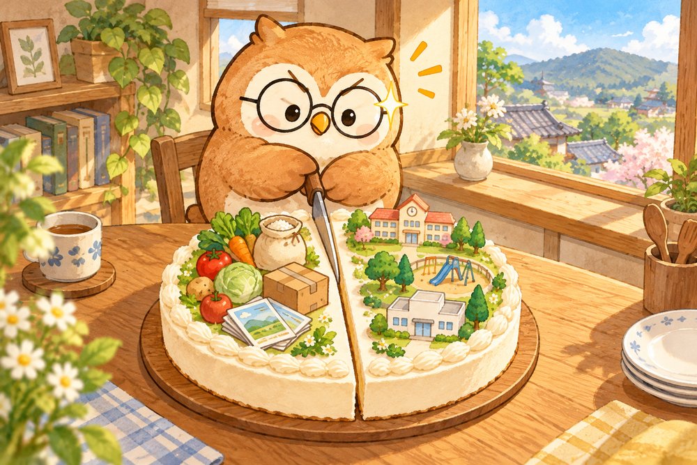 寄付のケーキを経費と地域のための半分に切り分けるナビ助