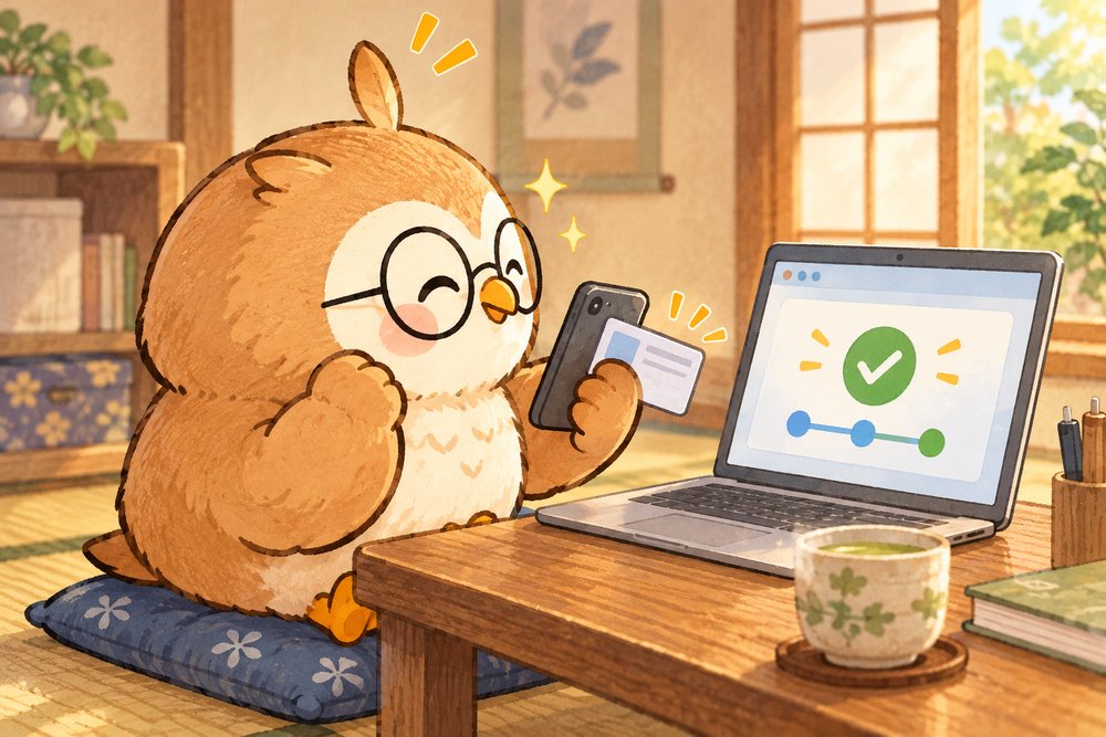 スマホとカードで電子申告を終えてガッツポーズのナビ助
